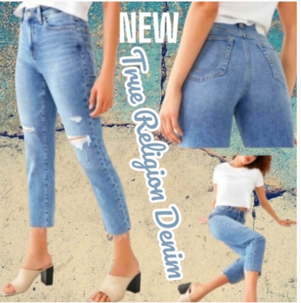NWT True Religion High Rise Distressed Straight Leg Cropped STARR BITE Jeans👖🆕
